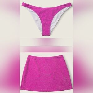 L/L PINK Swim Shimmer Cover Up Mini Skirt Brazilian Bikini Set